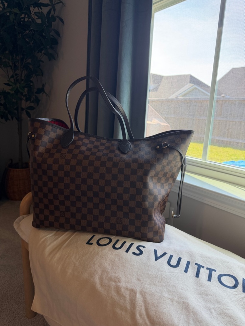 Louis Vuitton Damier Ebene Neverfull Tote GM with Red Interior